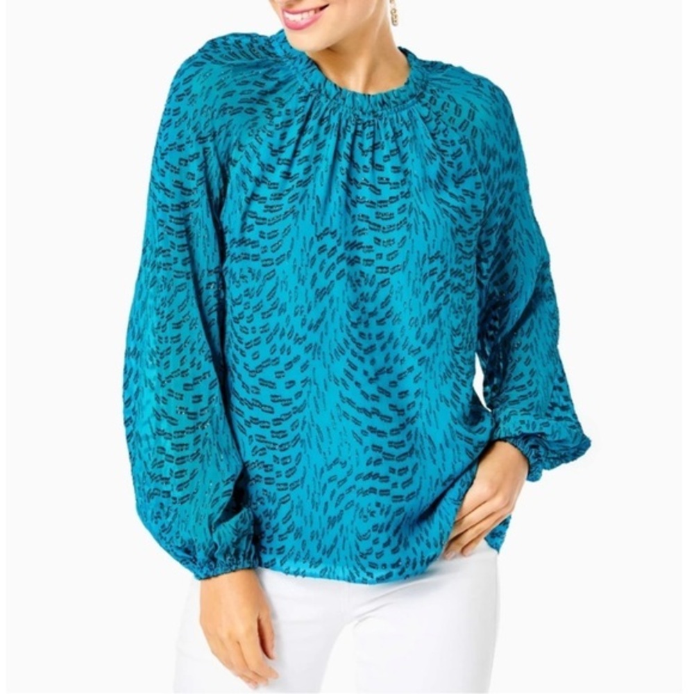 Lilly Pulitzer Silk Blend Metallic‎ Animal Print Blouse Teal Blue Women Small